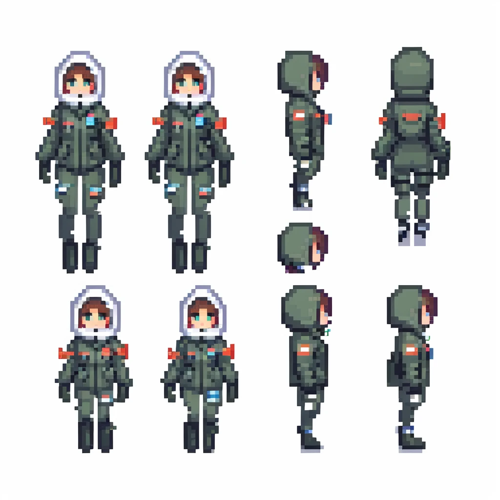 1 female, a vtuber in a cryo suit with a flight jacket, walk run jump anim sprite sheet emoji