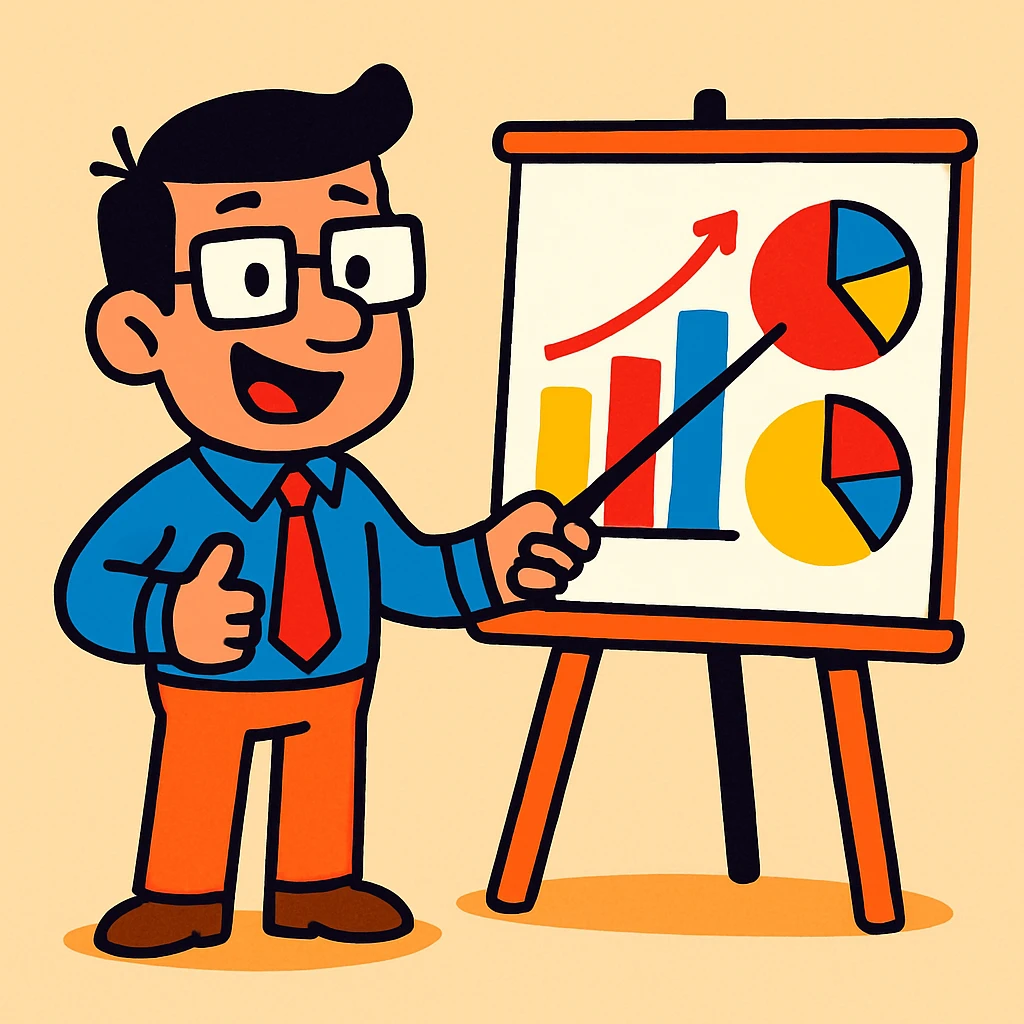 office worker presenting a chart, playful cartoon style emoji