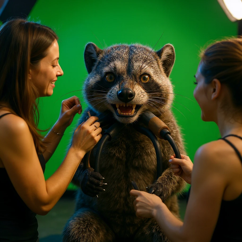 Make this raccon On a movie set, with a green screen in the background, a raccoon actor is smiling while women are putting makeup on him. The raccoon gives a thumbs up emoji