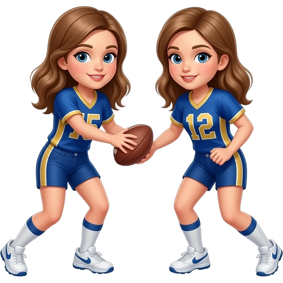 white Girls light brown hair flag football players wearing Blue and gold no numbers on the jerseys emoji