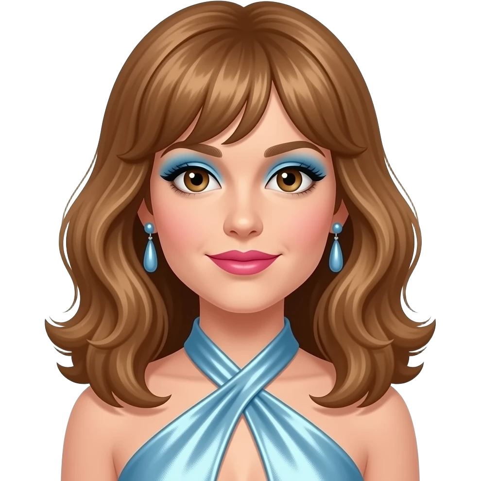 Linda Blair with brown eyes, long light brown 70s shaggy 20 inch hair, blue eyeshadow, hot pink lipstick, light blue metallic halter dress, earrings emoji