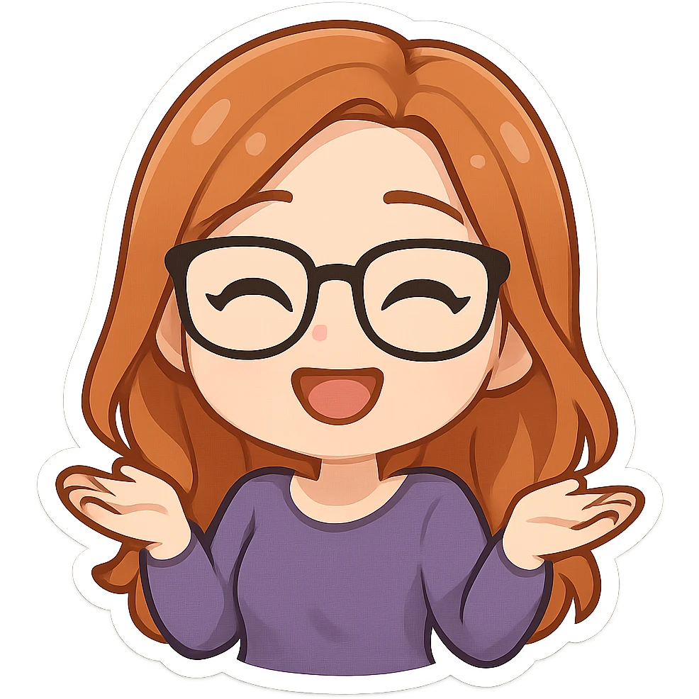 cartoon style emoji of woman with long copper hair, white skin, wearing glasses emoji