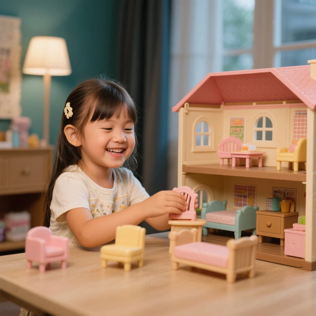 smiling girl arranging furniture in doll house emoji