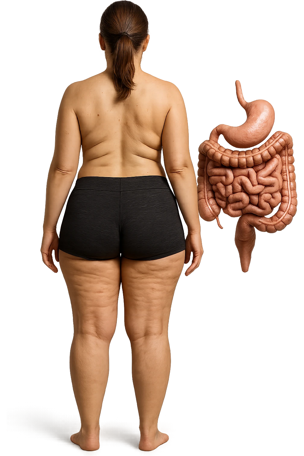 una donna di spalle a figura intera in gym shorts con cellulite e intestino umano anatomico, iperrealistica 4k
 emoji