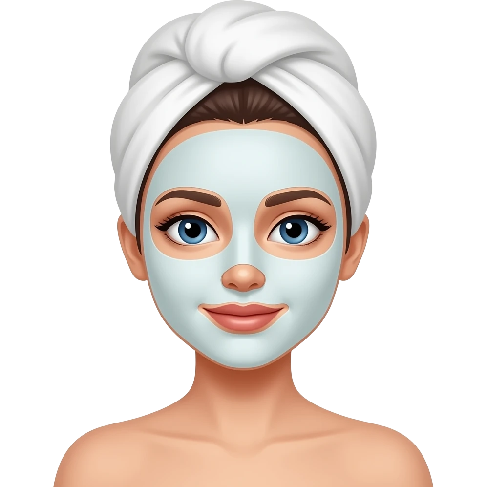 Woman with head towel and a sheet face mask skincare emoji