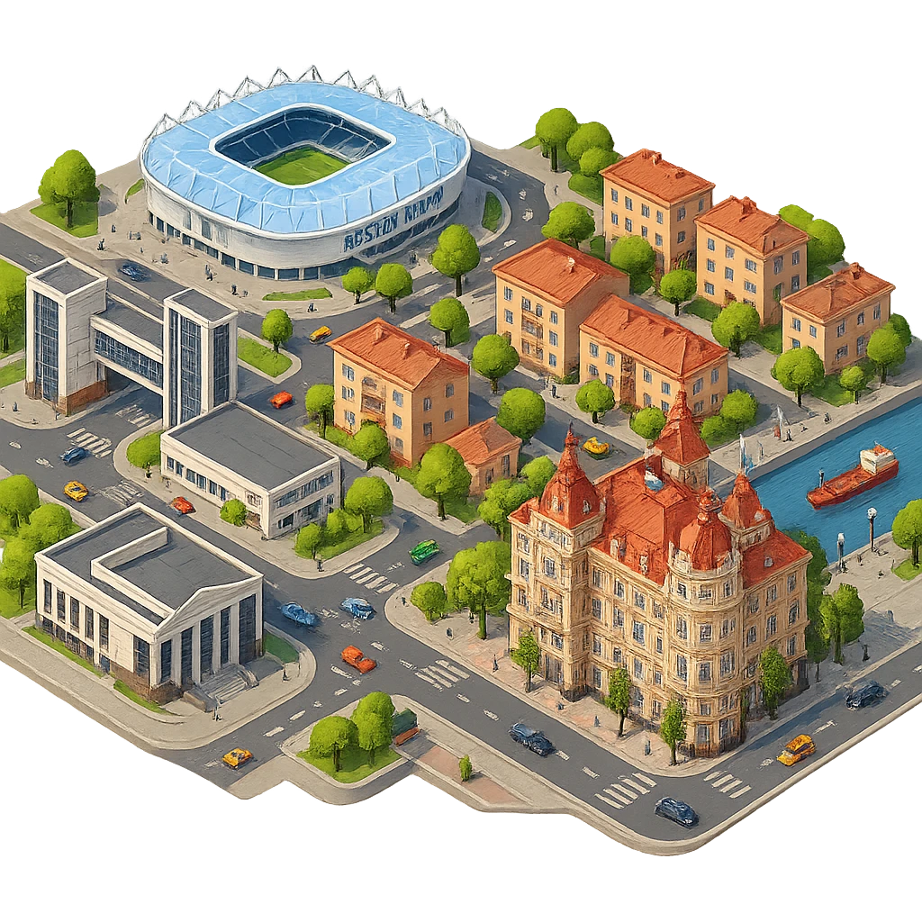 Изометричная чёткая миниатюрная фотореалистичная 3D модель панорамы Ростова-на-Дону — фотореалистичное Здание городской думы Ростова-на-Дону (Городской дом), Ростов-Арена, Ростовский театр драмы имени Горького, набережная Дона, люди, типичные ростовские дома, автотранспорт. Вид сверху в изометрии, яркие цвета, мультяшная рисованная реалистичность, прозрачный фон, компактная композиция. emoji