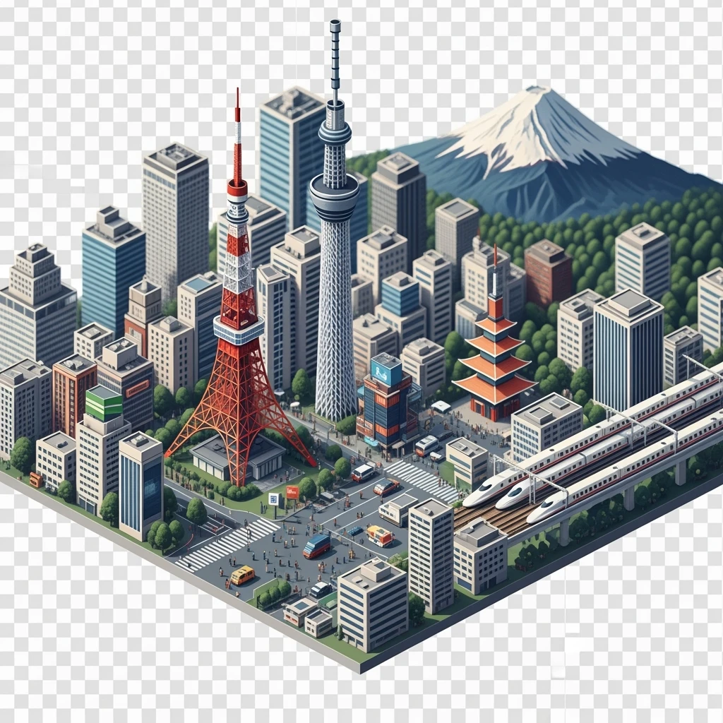 Isometric illustration of Tokyo, with Tokyo Tower, Skytree, Shibuya Crossing, Mount Fuji in background, high-speed trains, subtle 3D miniature effect and Tilt Shift effect, no cartoonish look, transparent background. emoji