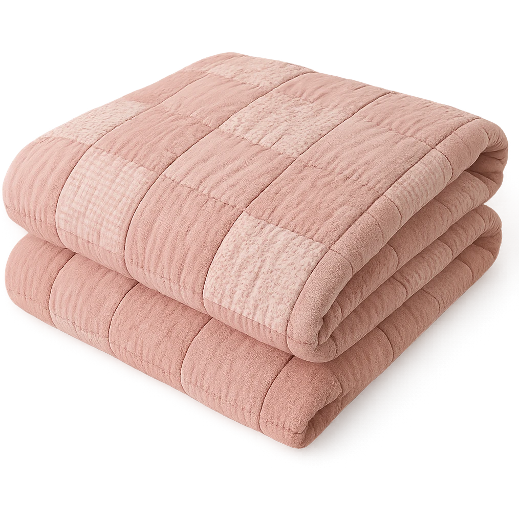 pink cozy patchwork quilt folded, homey emoji