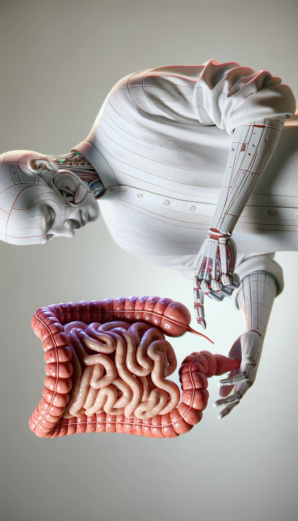 CORPO UMANO ANATOMICO CON INTESTINO UMANO ANATOMICO IN EVIDENZA CHE INDOSSA UNA MAGLIA SINTETICA, SI AFFERRA LA MAGLIA PER OSSERVARLA MEGLIO CON ESPRESSIONE DUBBIOSA IN VOLTO, SFONDO CHIARO NEUTRO, iperrealistico 4k emoji