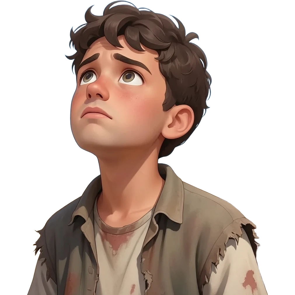 парень смортит на небо с надеждой  в рваной одежде растроенный и одинокий  ,  времена древнего иерусалима emoji