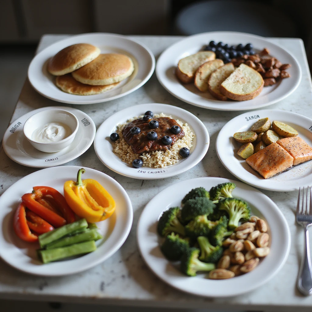 hyperrealistic 4K table with separate plates for 2000 calorie diet: breakfast with pancakes, blueberries, yogurt; lunch with lean beef, rice, bell peppers; dinner with salmon, potatoes, broccoli; snacks with apple, nuts, Greek yogurt. Plates labeled with calories, modern kitchen atmosphere emoji