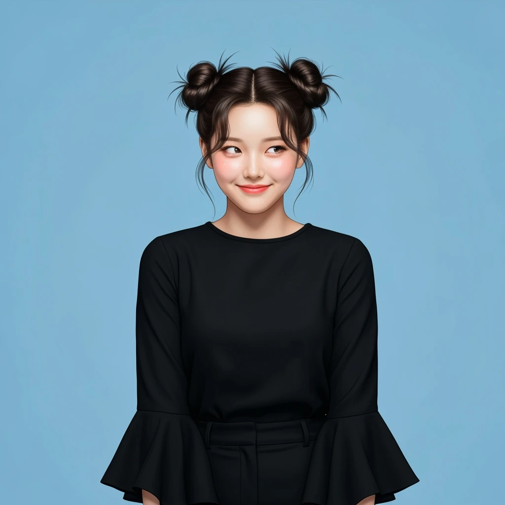 kpop girl with space buns, cute, expressive, minimal emoji