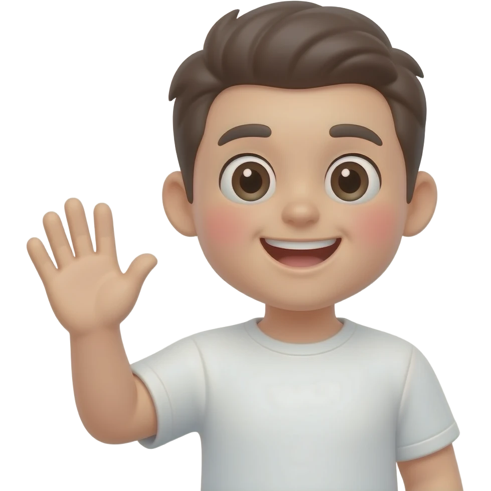 A friendly memoji-style character waving and saying hi, cute face, clean modern look, simple outfit, soft colors, smiling, front view, minimal style emoji