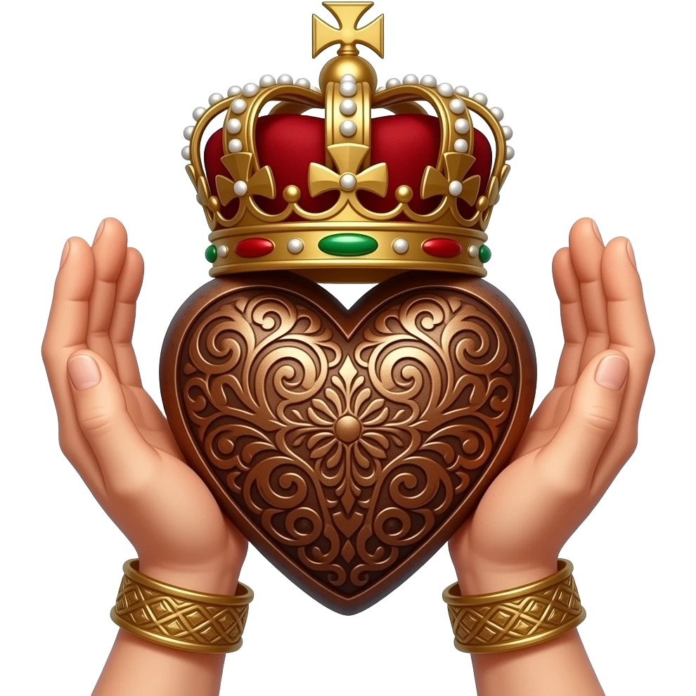 two elegant  hands with bronze bracelets touch with their fingers a rusty heart richly ornamented with arabesques with a richly decorated royal crown,  (fingers are facing down and palms are facing up)   - dramatic lighting - backlight emoji