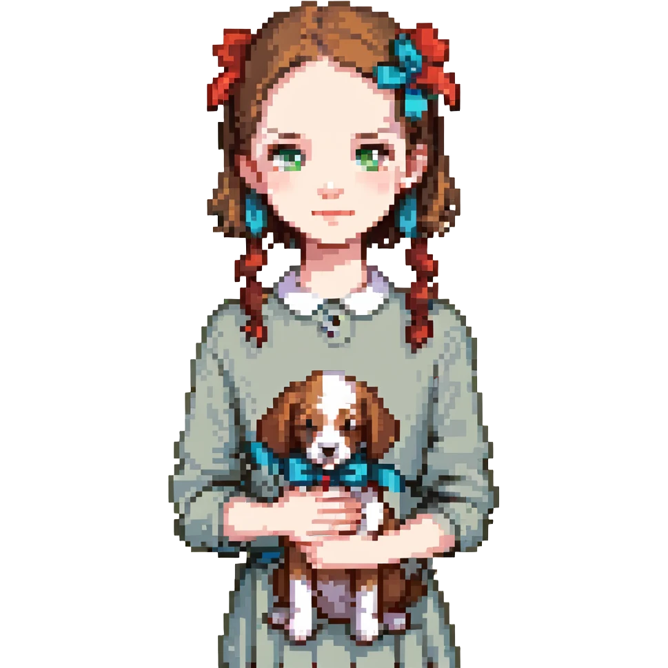 A pale girl with brown shoulder-length hair tied with a ribbon hairclip, holding a dog emoji