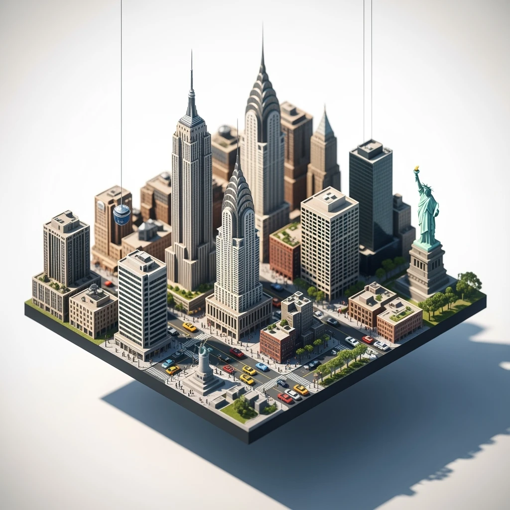 Isometric miniature of New York 3D miniature effect and Tilt Shift effect, no cartoonish look, transparent background. emoji