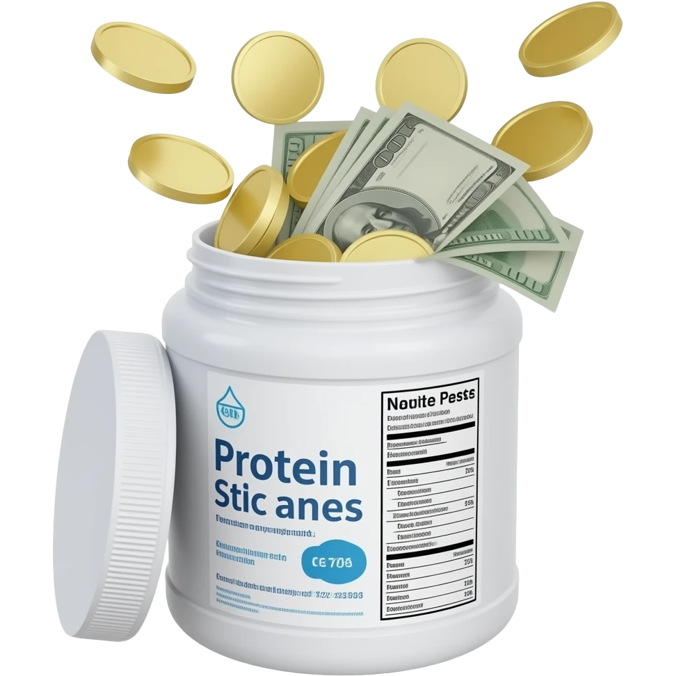 protein powder container with cash flowing out emoji