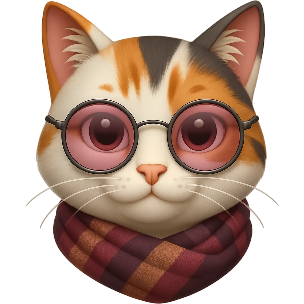 Apple Emoji-style cat head with a fur pattern that can vary in color, optional tinted glasses, a scarf with varying stylistic accessories (color and design can differ), and large eyes that can vary in color. Maintain the same proportions and smooth, rounded style. The emoji should only feature the cat's head with no additional body parts, and focus on cats with any accessories. emoji