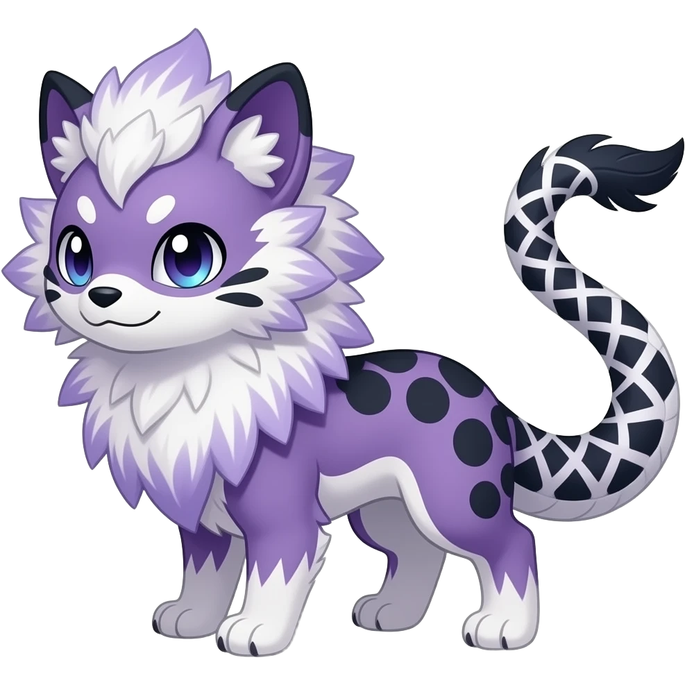 Furry, feathery feather-maned fluffy tropical flecked painted feathery scaly, Purple, white, black, Minccino-Bambino-Lykoi-Linoone-Zangoose-fusion-hybrid-animal-Fakémon-creature, full body, thin long sleek scaly tail, intricate markings emoji