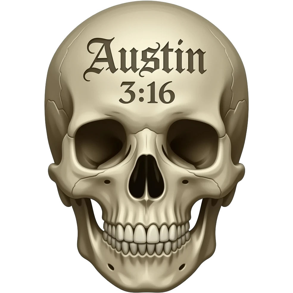 A human skull with the words Austin 3:16 carved in to its forehead in a Gothic font emoji