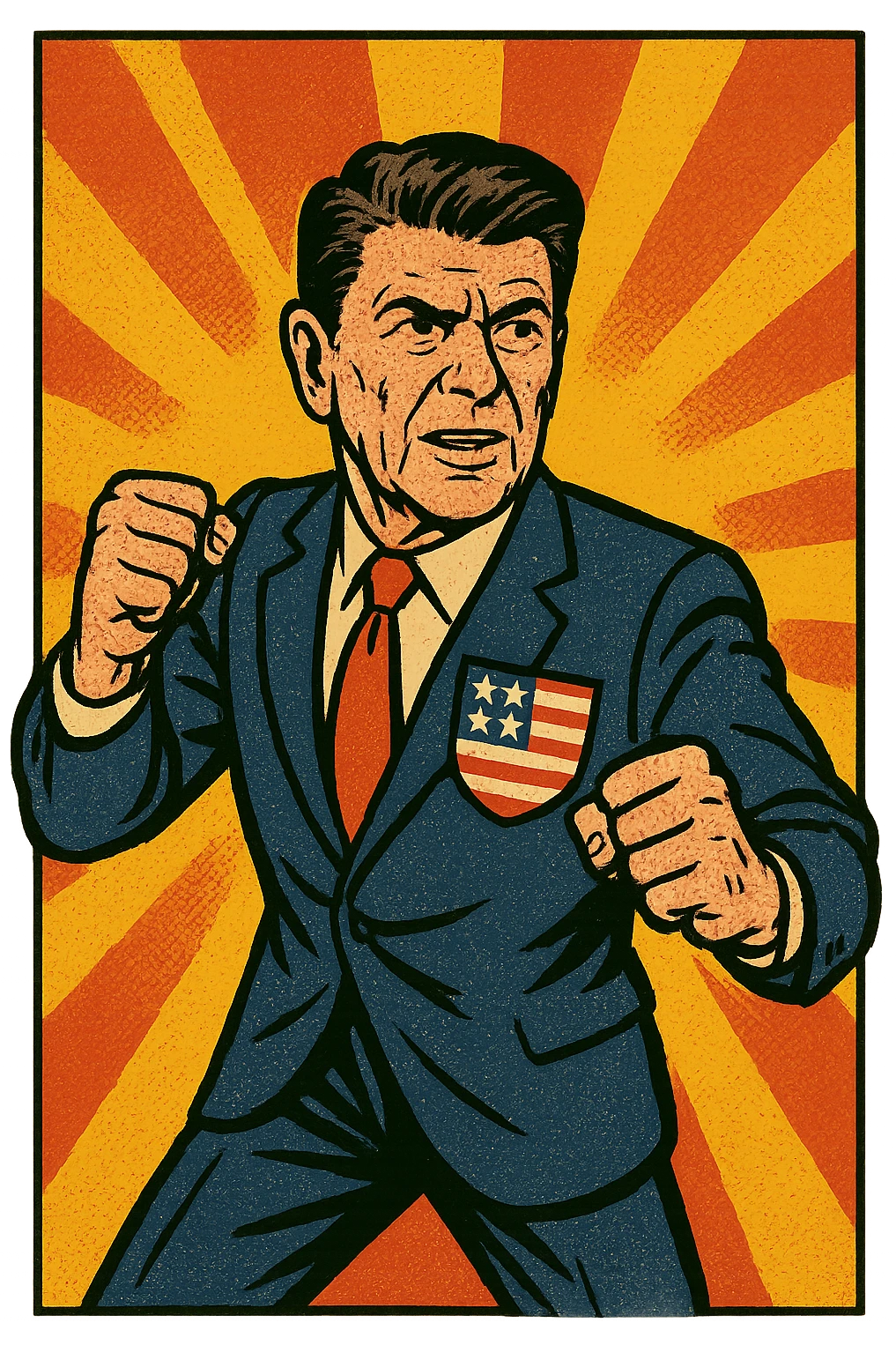 The full body of US President Reagan looking determined with his fists out ready to fight. He has a large US flag badge on his chest emoji