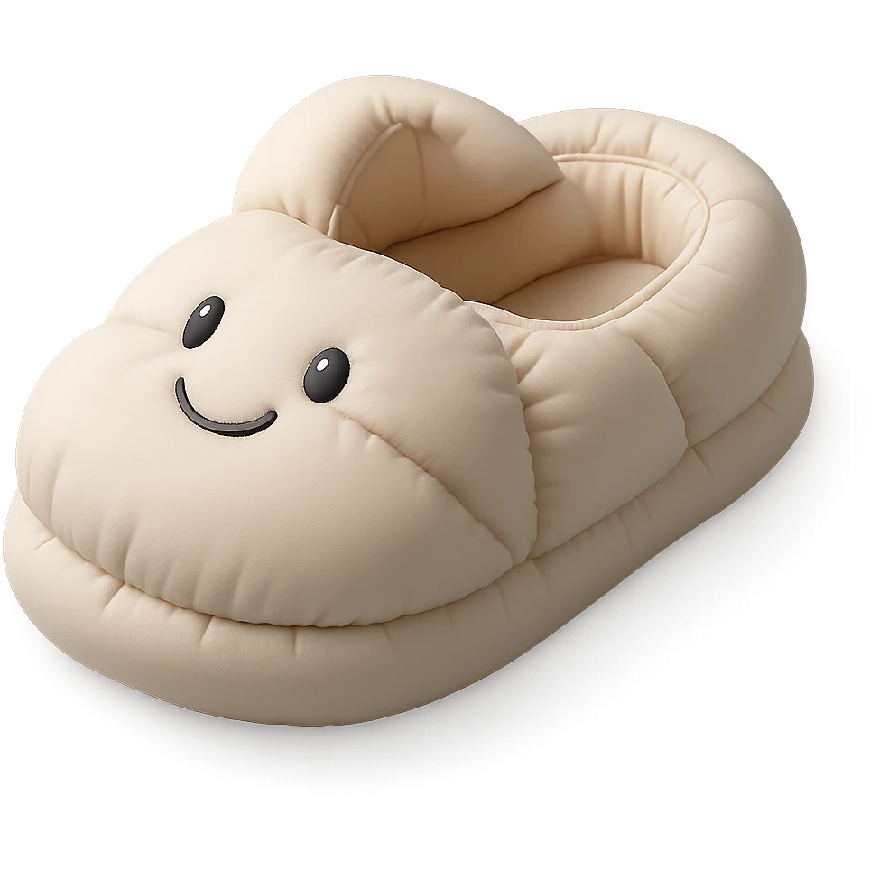 single fluffy slipper with a cute face, cushion style emoji