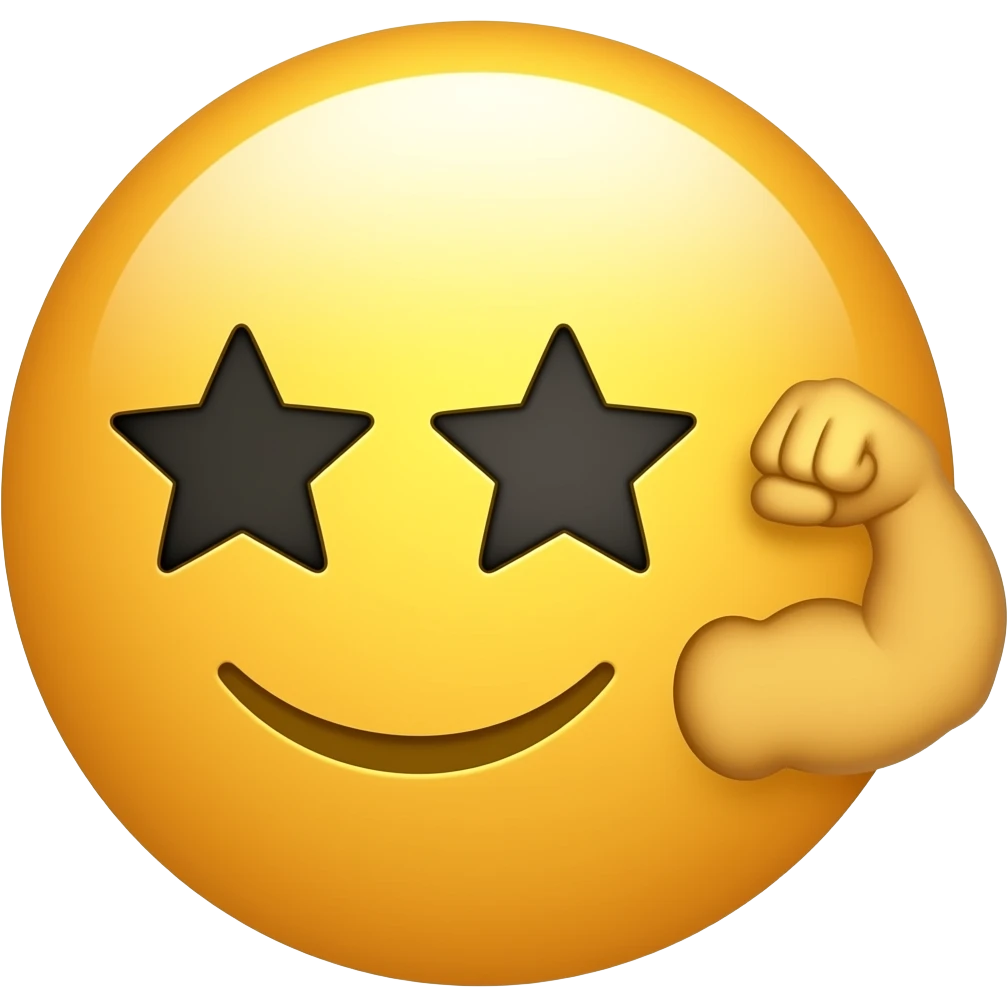 Black stars in eyes emoji with arm flex emoji