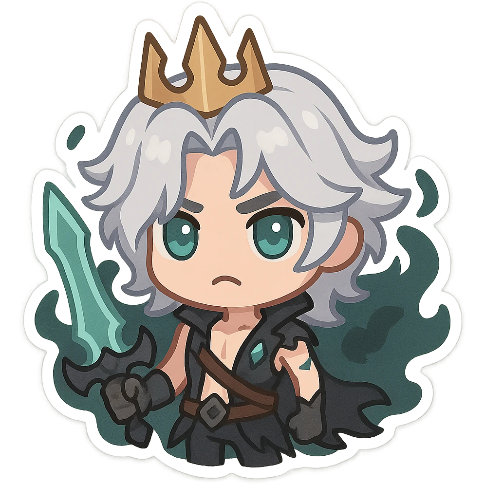 Viego from League of Legends as a chibi emoji, cute and expressive, simplified details, big eyes, small body, silver hair, crown, dark misty aura emoji