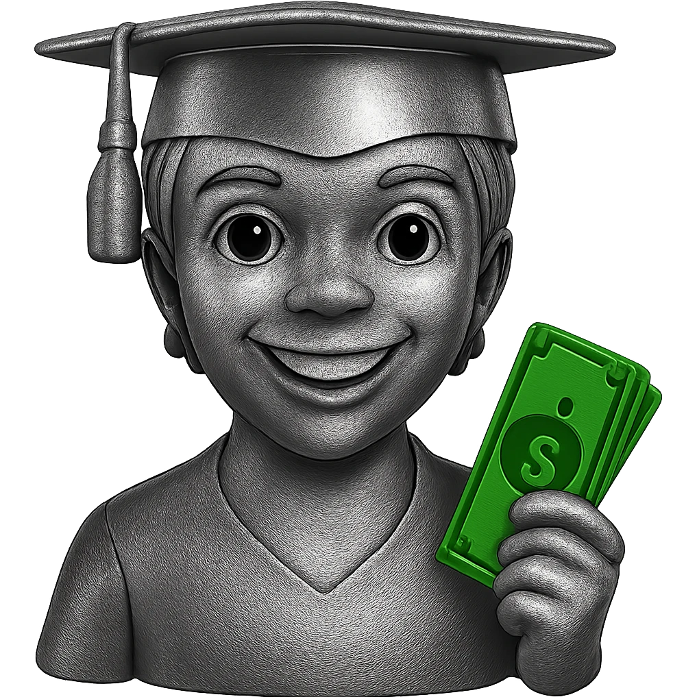 Remove the grills from the kid's mouth, make the kid smile naturally. Keep the money green and shiny. Keep the rest of the figure chrome and metallic. No background. emoji