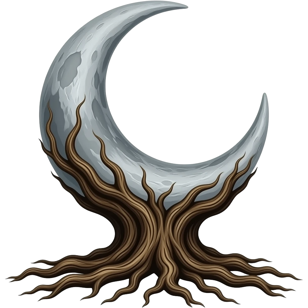 1. Grounded Moon
Symbol: Crescent fused with deep tree roots spreading downward. emoji