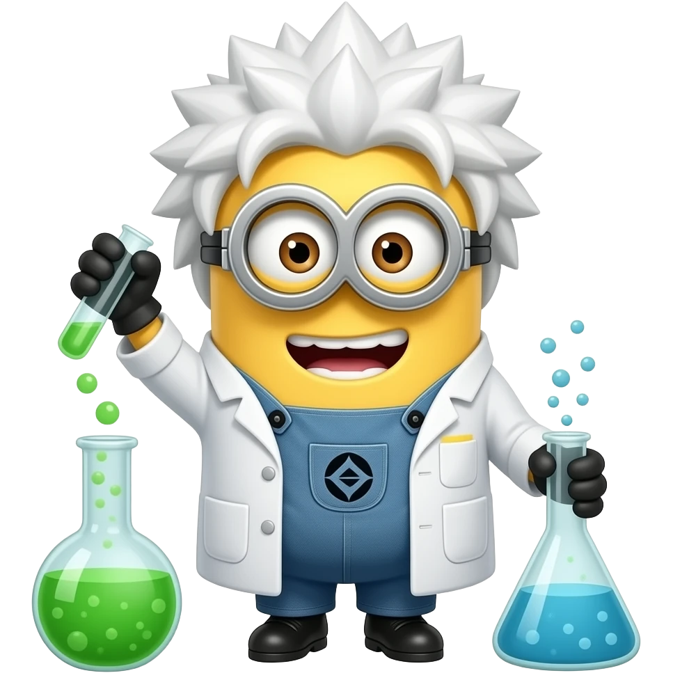 crazy minion in lab coat with wild white hair mixing potions text Clawar emoji