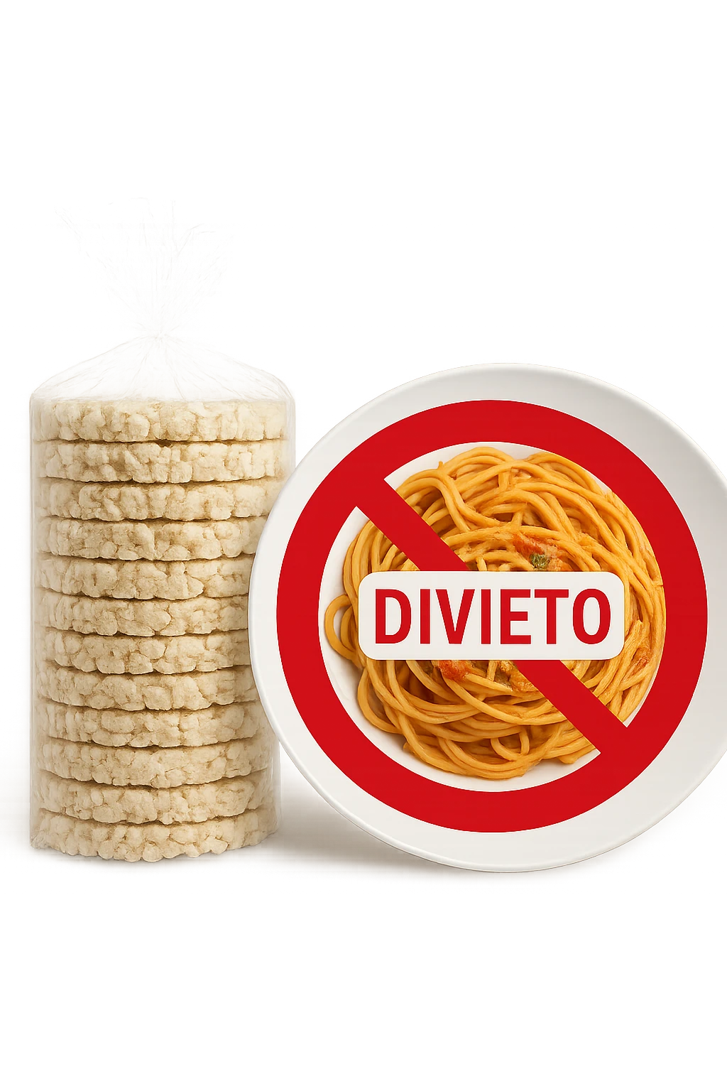 confezione di gallette di riso con accanto un piatto di pasta con divieto sopra, in italiano,  realistici emoji