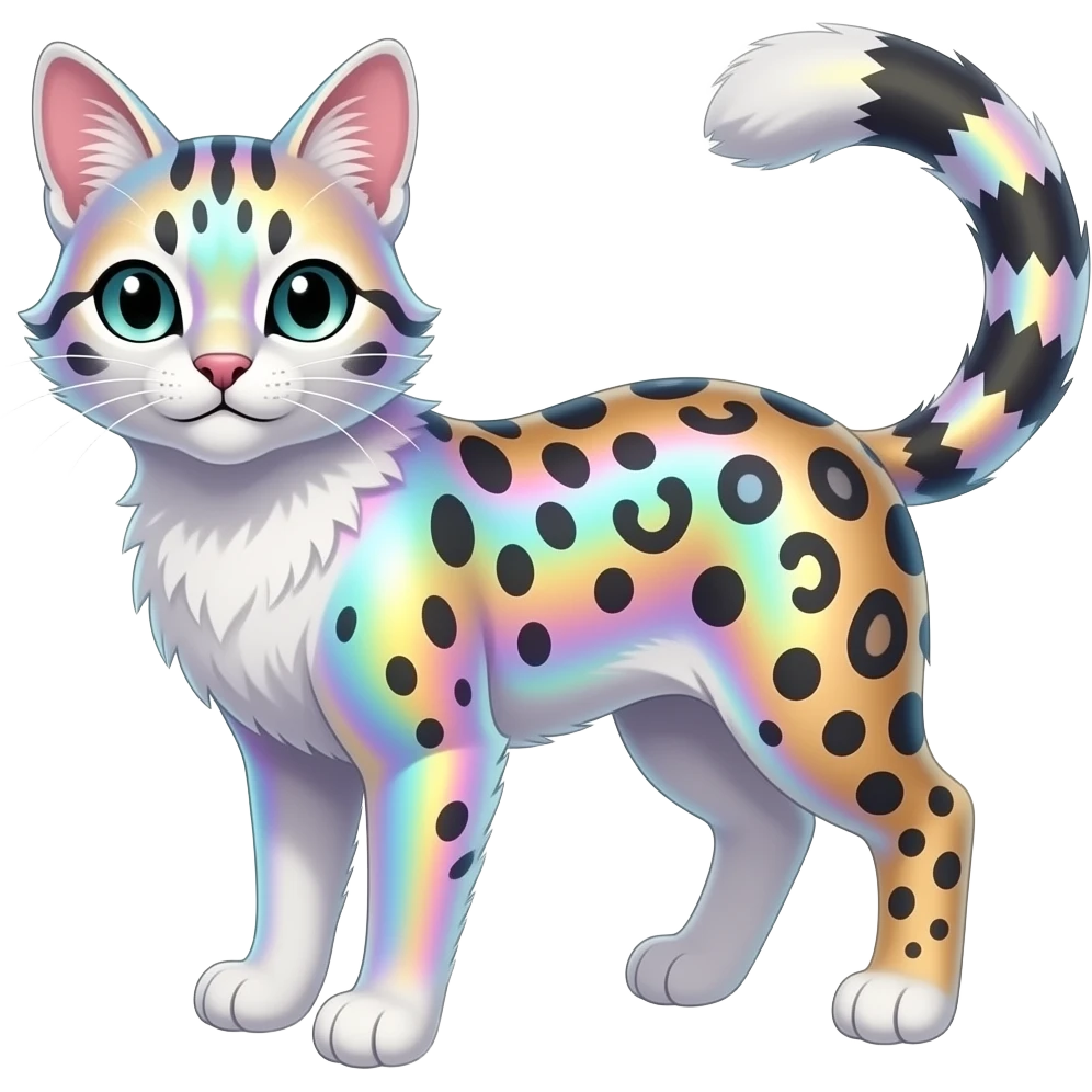 Shiny melanistic Colorful Iridescent Albino Melanistic Bobcat-Caracal-Leopard-Genet-Pokémon-Digimon-Fakémon-fusion-hybrid-creature emoji