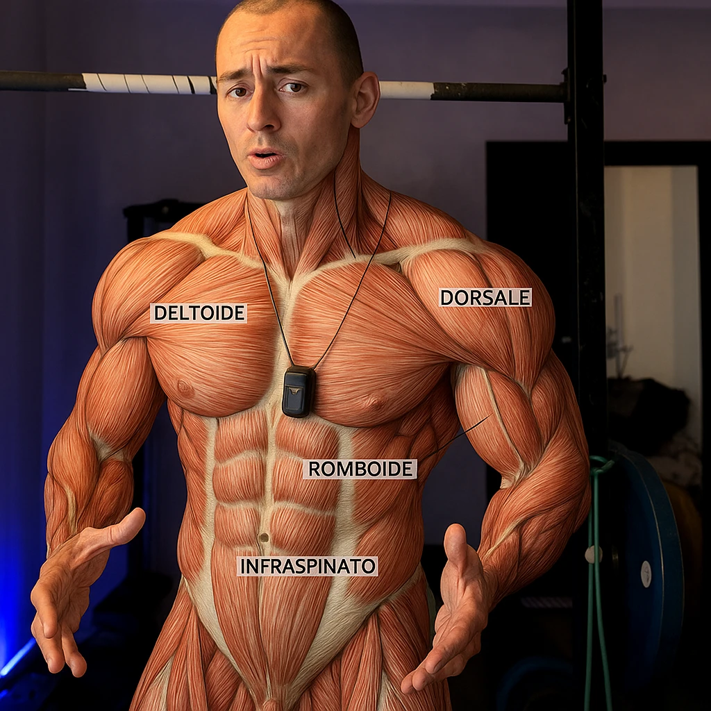 Highlight the muscle fibers of the man's body in the reference photo in a realistic anatomical style, maintaining the original pose and expression. Add labels in Italian for the shoulder and back muscles: deltoide, trapezio, dorsale, romboide, infraspinato. emoji