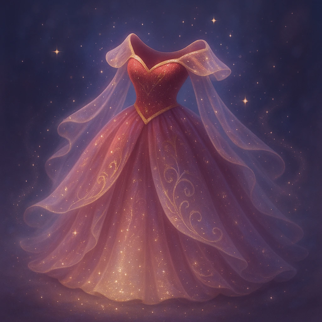 Transform this red ballgown into an even more fancy, ethereal, and mystical dress, combining fantasy and Disney princess elements. Add magical sparkles, flowing layers, and a dreamy, otherworldly aura. Style should reflect a fantasy Disney princess look with ethereal and mystical qualities. emoji
