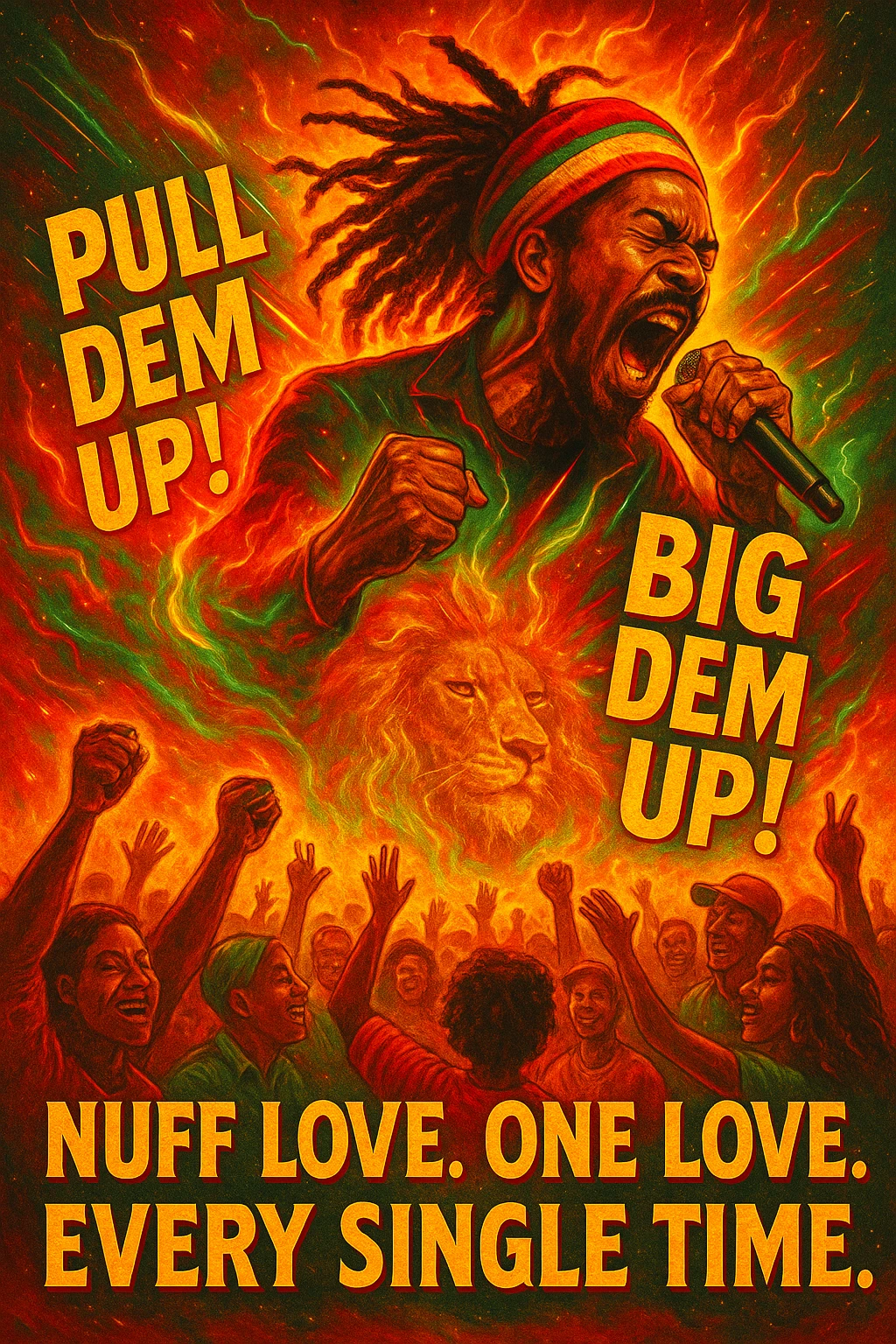 A vibrant reggae-inspired poster scene featuring Anthony B in full performance energy — dreadlocks flying, mic in hand, mid shout, pulling up the riddim. The background is a glowing fusion of red, gold, and green flames with lion imagery and subtle cosmic light trails. Around him, the words “Pull Dem Up! Big Dem Up!” explode like soundwaves. Below, a crowd of diverse viewers is shown. In bold text across the bottom: “Nuff Love. One Love. Every Single Time.” emoji