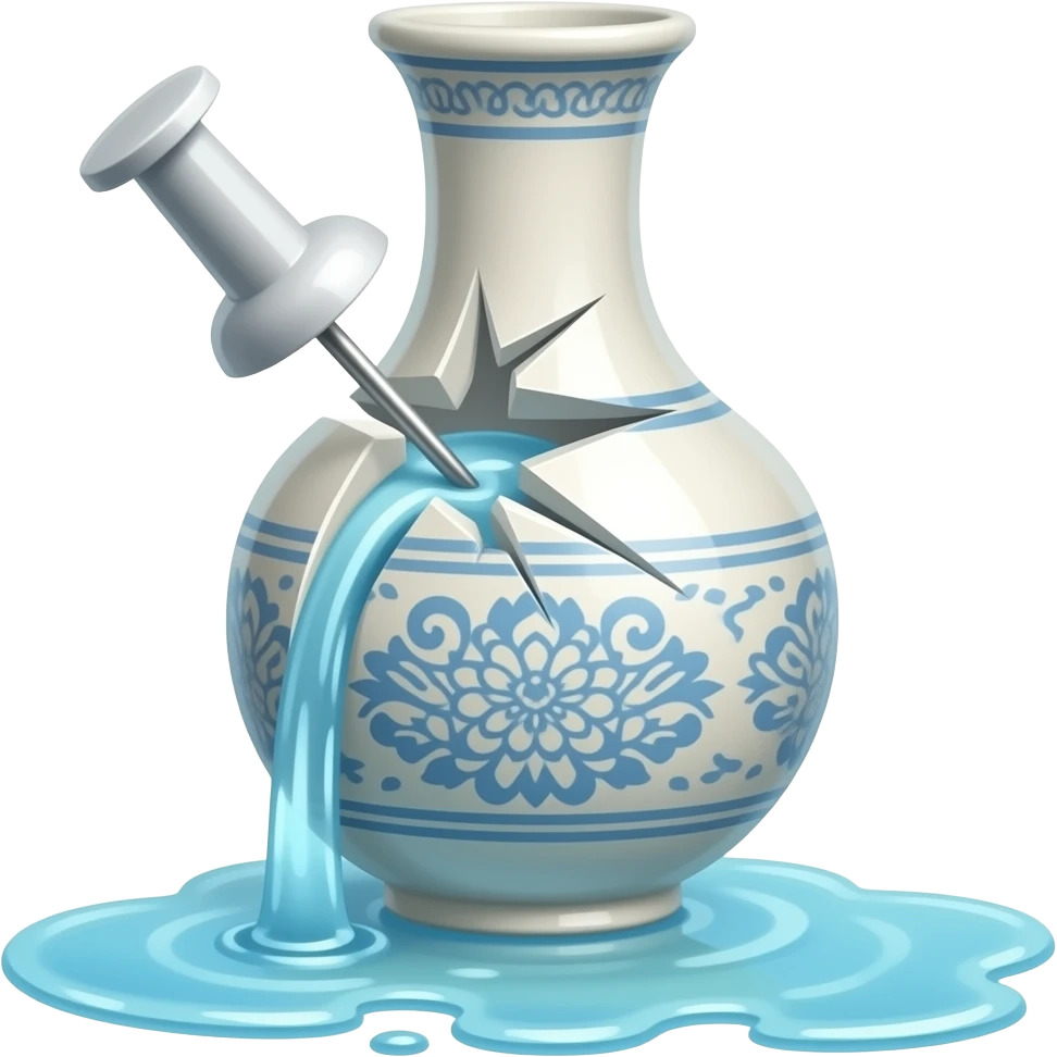 A thumbtack shattering a vase that's leaking water emoji