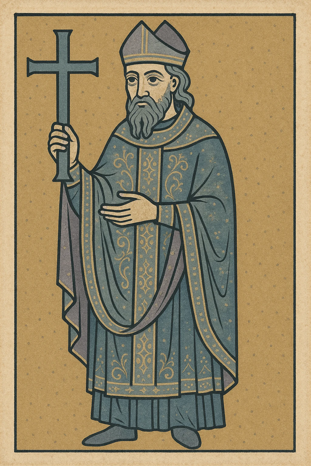 medieval priest, ornate robes, holding a cross, historical style emoji