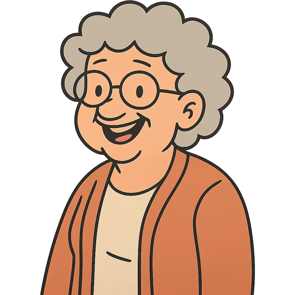Remove the background and keep only the senior woman with glasses in flat toon style with transparent background. emoji