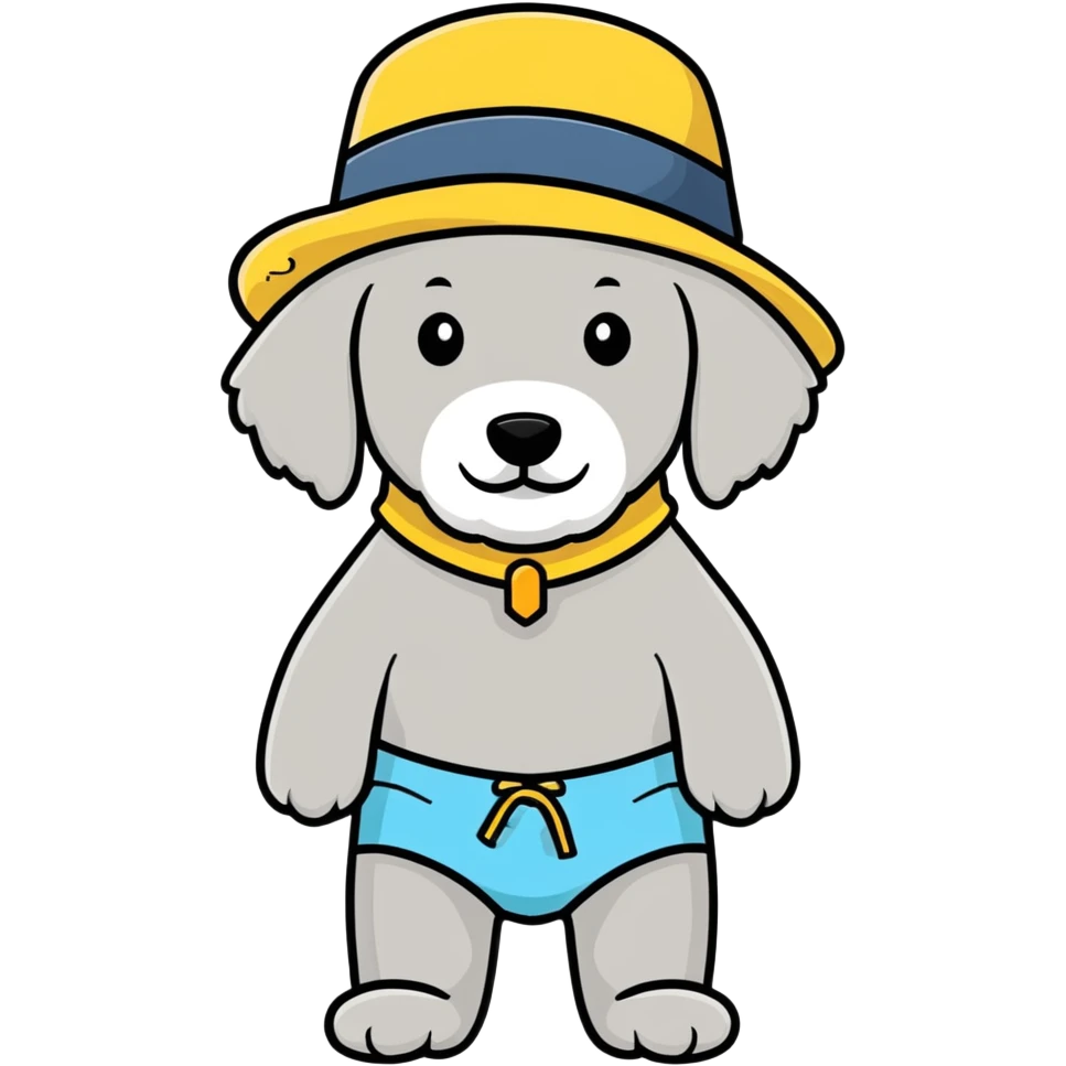 gray goldendoodle wearing swim trunks and a hat  emoji