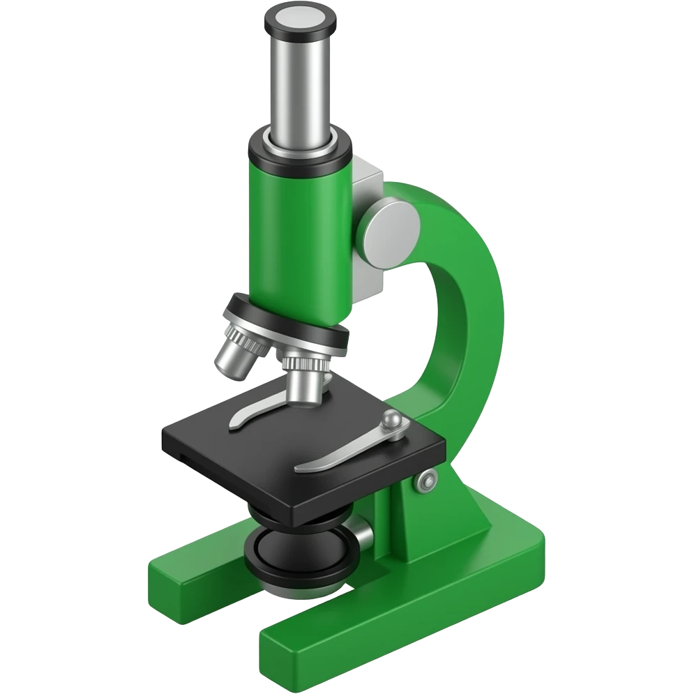 Minimalist 3D microscope, emerald green and silver metallic accents, sleek modern design, isometric view. emoji