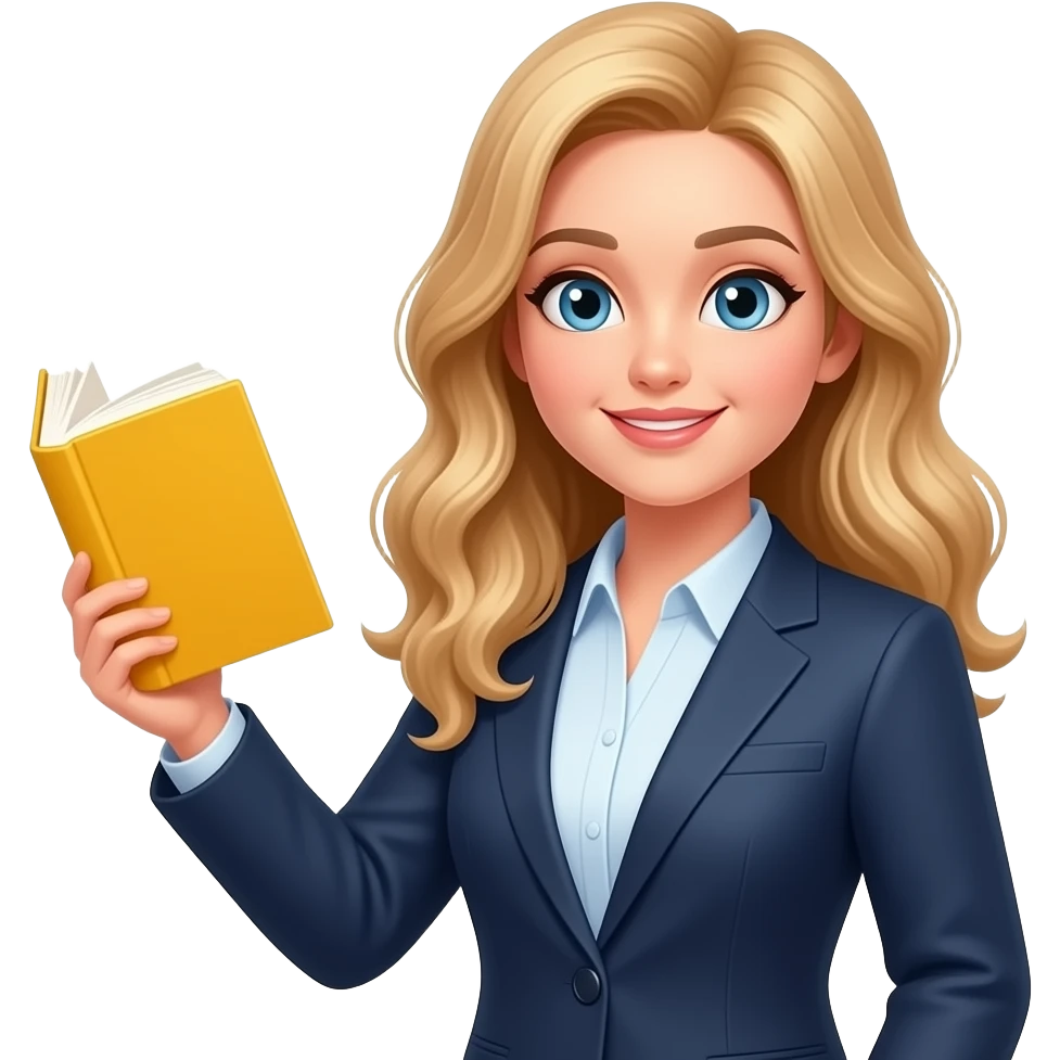 a teacher with long wavy blond hair with the yellow book in the right hand emoji
