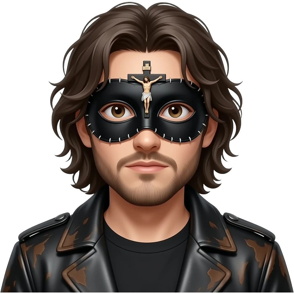 Portrait by Joel-Peter Witkin, wearing a small black Venetian Masquerade mask with a crucified Christ over his eyes: the miniature body of Jesus is sewn onto the black track between the eyes of the portraited person, wearing a worn leather coat, unshaven and very disheveled long hair emoji