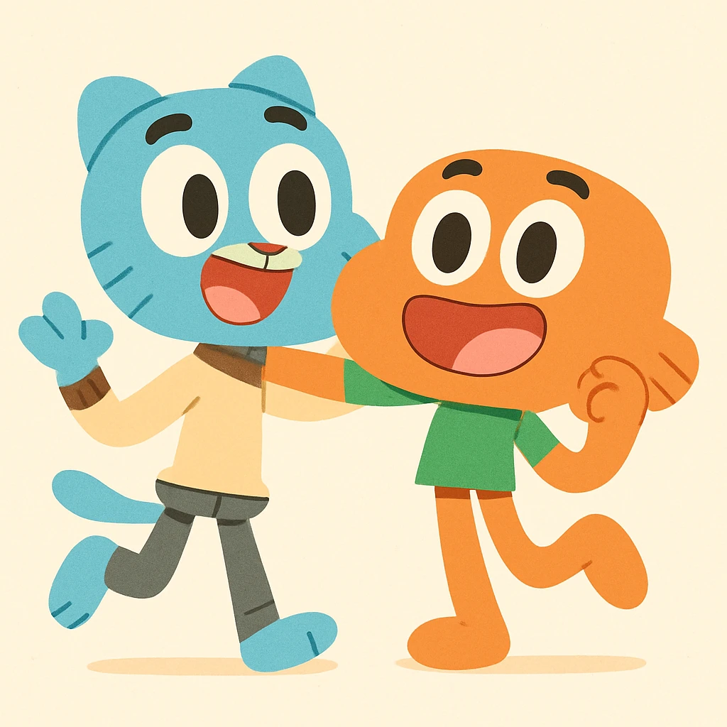 Gumball and Darwin, two cartoon characters, in a playful pose, pastel toon style emoji