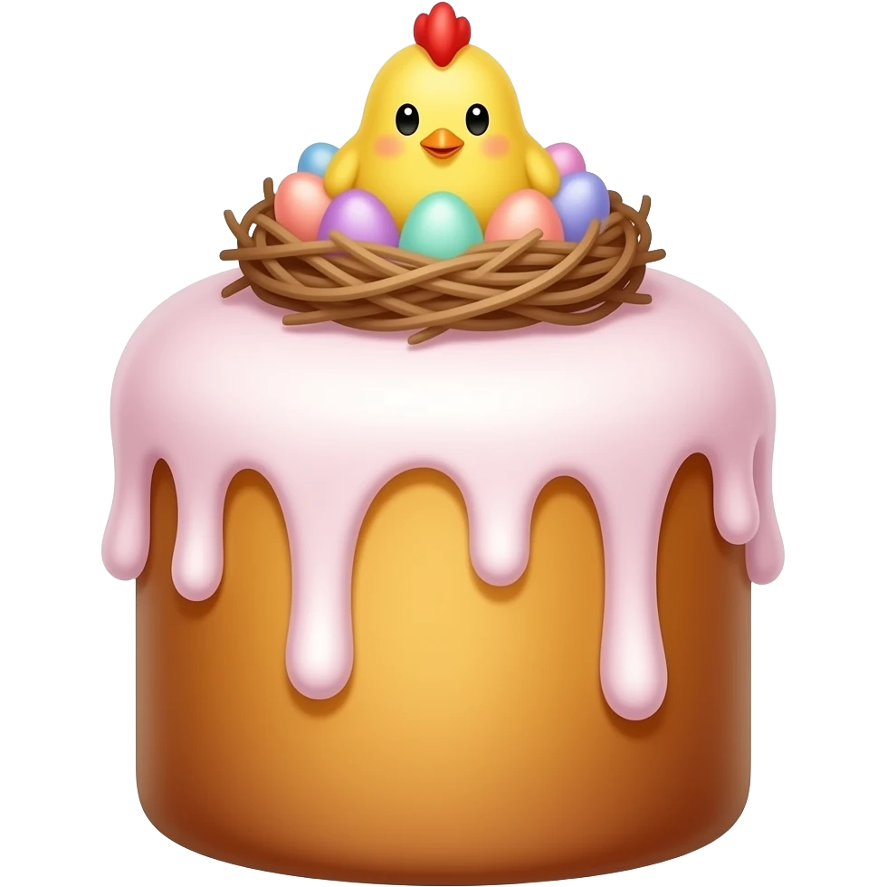 панеттоне золотистого цвета, высокий, с белой глазурью, соенточкой нежно светло розового цвета и украшением сверху в виде гнездышка с очень мелкими  яичками пастельных, желтым пушистым птенчиком с красным гребешком emoji