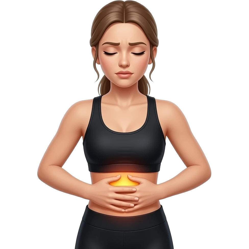 breathing discomfort, glow on chest and ribs, woman with hands on ribs, fair-skinned woman, ash brown brows, ash light brown hair tied back, slim athletic body, black workout set emoji