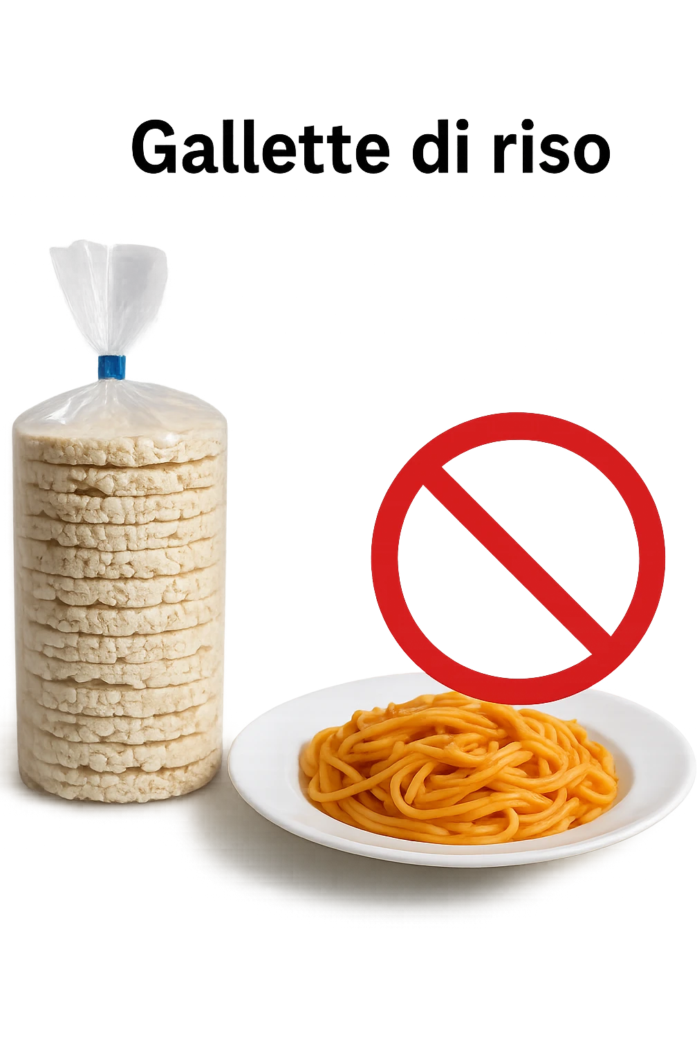 confezione di gallette di riso con accanto un piatto di pasta con divieto sopra, in italiano,  realistici emoji