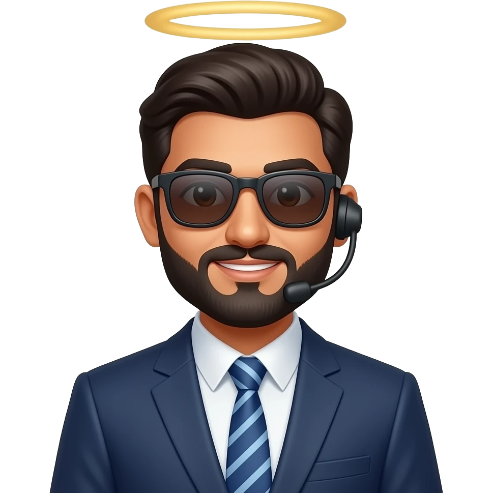 indian Tech support boss with goate beard with sunglass with halo emoji
