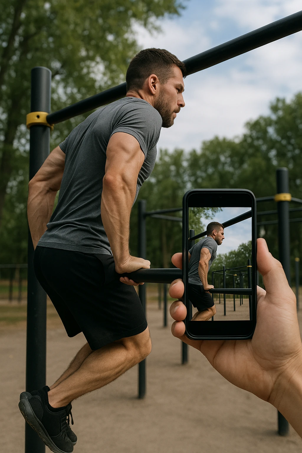 uomo che fa Muscle up e si sta filmando di lato con il telefonino che lo riprende mentre si allena, così da analizzarsi dopo emoji