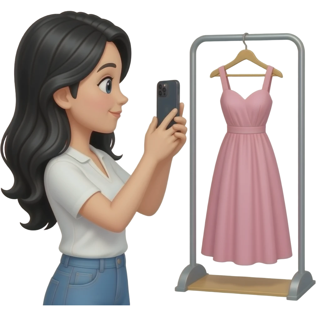 elegant black hair women taking photo with her iphone to a hanging dress emoji